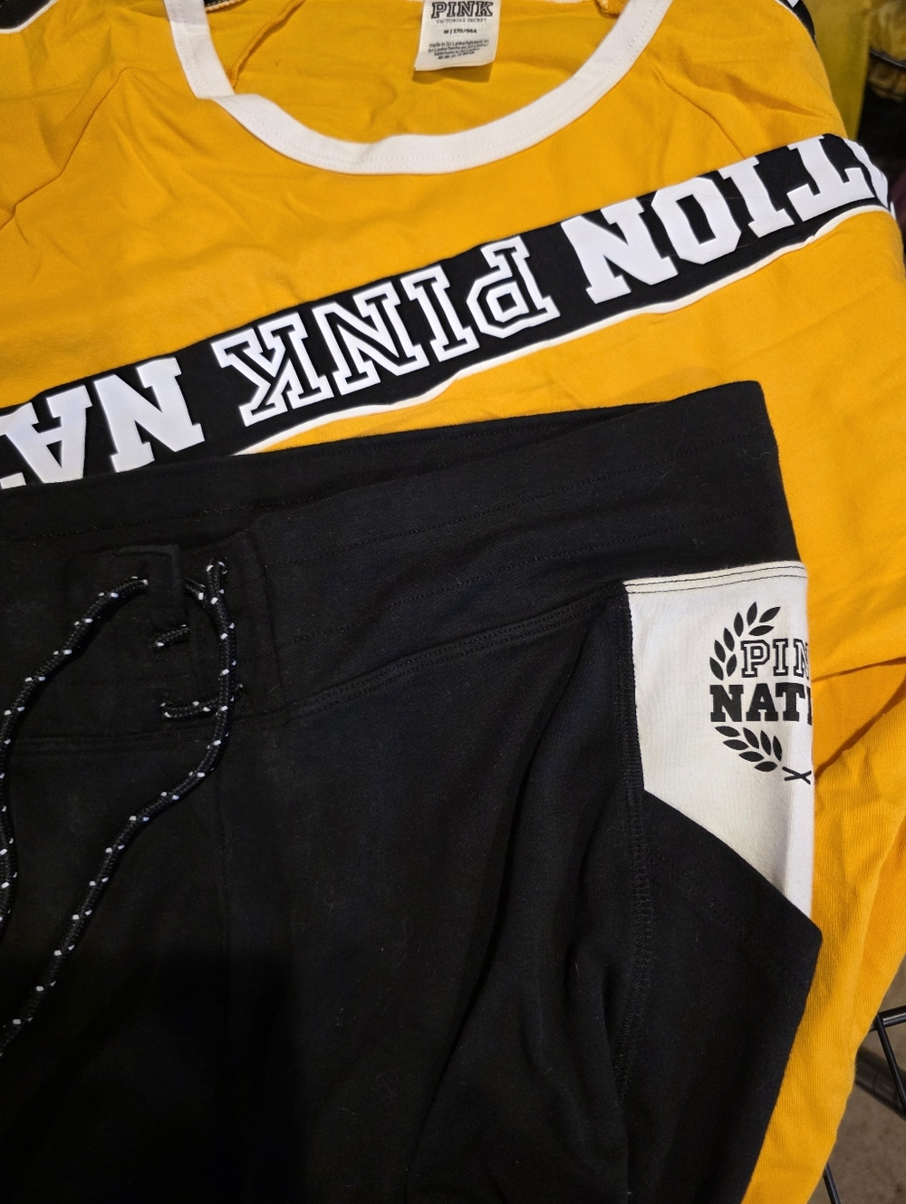 PINK Victoria's Secret Black Leggings with Yellow Accent Top